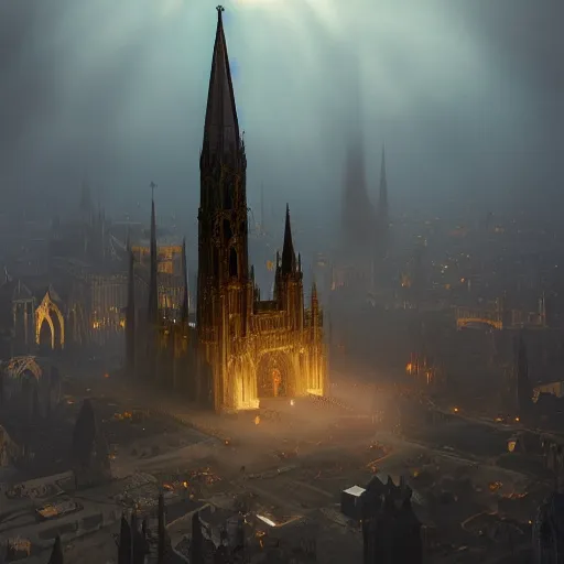 Image similar to an ultra detailed matte painting of the throne of the evil patriarch up incredibly high looking down into the cathedral, incense smoke drifting through the air, artstation, volumetric lighting, exquisite detail, octane render, 8 k postprocessing, art by john collier and albert aublet