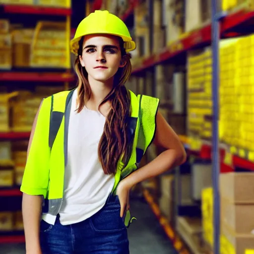 Prompt: photo, close up, emma watson in a hi vis vest, in amazon warehouse, portrait, kodak gold 2 0 0,