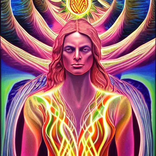 Image similar to a painting of lex from paladins praying designed by alex grey, flooko, etheral, detailed, glows,