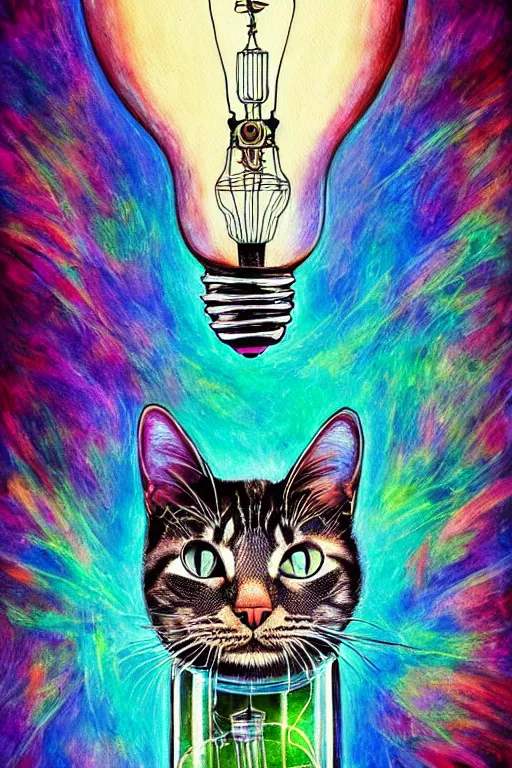 Prompt: portrait of a cat inside a light bulb, modern fine art, dreamscape, intricate, elegant, subsurface scattering, highly detailed, pop art painting, organic acrylic flow art, psychedelic fractal art, acrylic art, watercolor, featured on deviantart, cgsociety