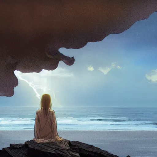 Image similar to a highly detailed vector render of a large cross standing on the beach as a storm comes in with the tide, woman sitting in the sand watching the ocean, epic fantasy, god rays, rocky beach, aerial photography, volumetric lighting, octane render, exquisite detail, 8 k, art by hayao miyazaki and albert bierstadt and alphonse mucha
