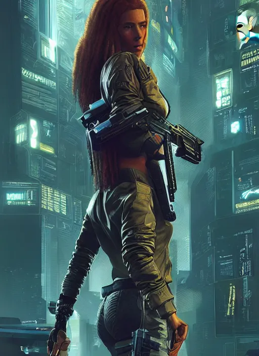 Image similar to Maria. mercenary in tactical gear infiltrating corporate mainframe. Afro. Cyberpunk 2077, blade runner 2049, matrix Concept art by James Gurney, greg rutkowski, and Alphonso Mucha. Stylized painting with Vivid color.