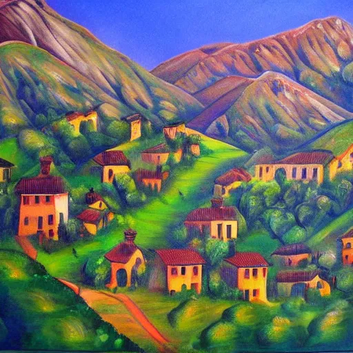 Image similar to A beautiful painting of a village in the mountains, artwork