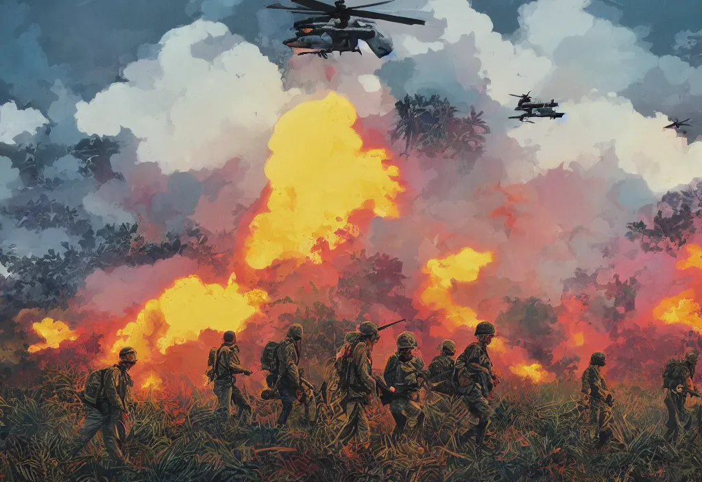 Prompt: handmade colorful illustration of an epic Vietnam War scene with a very few american soldiers walking, one american soldier at the forefront staring at the jungle, blue sky with beautiful clouds, some fire with columns of grey smoke, line art, heavy brushstrokes, oil on canvas by Kilian Eng and by Jake Parker, winning-award masterpiece, fantastic, octane render, 8K HD Resolution, High quality image