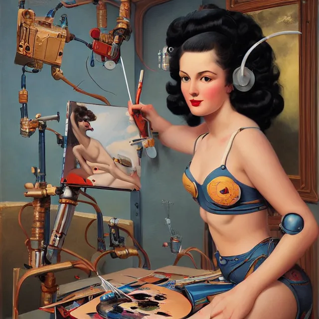 Prompt: robot artist painting a self - portrait on a canvas. intricate, highly detailed, digital matte painting in the style of gil elvgren and in the style of h. r. giger and in the style of sachin teng. irony, recursion, inspiration.