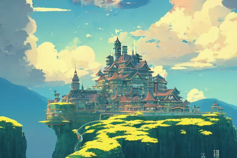 Prompt: retro - futurism anime castle on a mountain in clouds with lots of details look from above rule of thirds golden ratio, fake detail, trending pixiv fanbox, acrylic palette knife, style of makoto shinkai studio ghibli genshin impact james gilleard greg rutkowski chiho aoshima