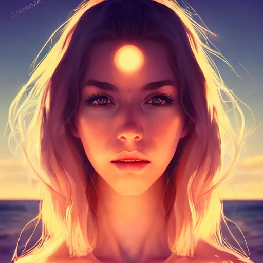 Prompt: symmetry!!!!!!! portrait of beautiful woman on the beach, hazel eyes, night time, highly detailed, sharp focus, backlit lighting, trending on artstation, by wlop, rossdraws, artgerm.