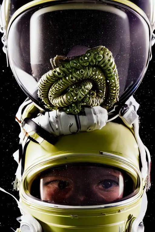 Image similar to extremely detailed studio portrait of space astronaut, alien tentacle protruding from eyes and mouth, slimy tentacle breaking through helmet visor, shattered visor, full body, soft light, disturbing, shocking realization, award winning photo by lisa kristine