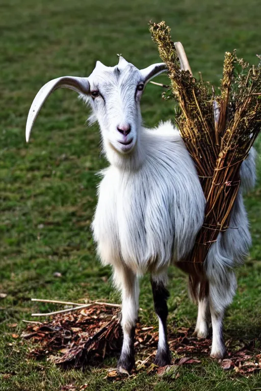 Image similar to a goat standing upright, holding a bundle of sticks and wearing clothes made of leaves