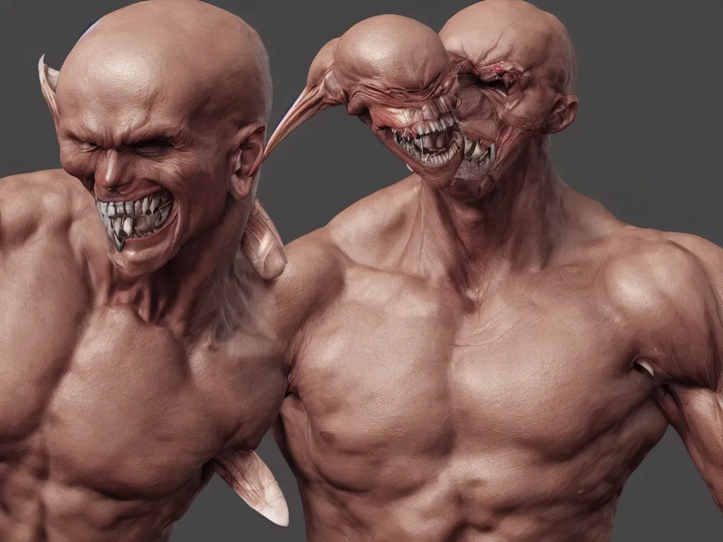 Image similar to muscular body, barnacle, chiroptera head, chiroptera ears, big sharp teeth, hyperrealism, artstation, cgsociety, zbrush, no background