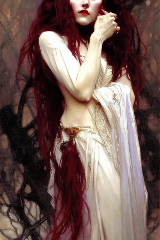 Prompt: vampire lady with long white hair, painting by daniel gerhartz, alphonse mucha, bouguereau, detailed art, artstation