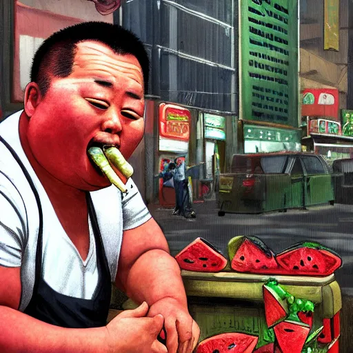 Image similar to near the street, a pockmarked Chinese fat guy,sitting behind a watermelon stall , with a cigarette in his mouth, looked at you contemptuously,digital art,trending on artstation.