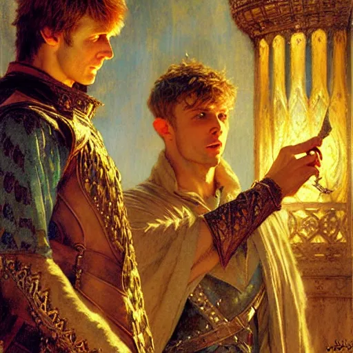 Image similar to handsome arthur pendragon in love with handsome merlin the mage. merlin is also in love with arthur. highly detailed painting by gaston bussiere, craig mullins, j. c. leyendecker