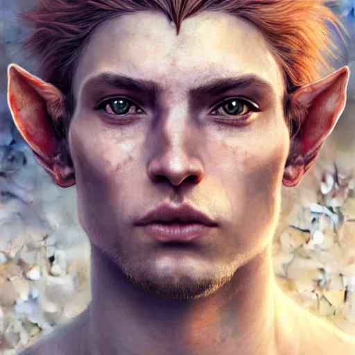 Image similar to portrait painting of a young elven man with a soft face and short light orange hair and tribal tattoos on his face wearing fur armor, ultra realistic, concept art, intricate details, eerie, highly detailed, photorealistic, octane render, 8 k, unreal engine. art by artgerm and greg rutkowski and charlie bowater and magali villeneuve and alphonse mucha