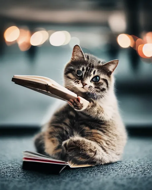Image similar to high quality presentation photo of a cute mechanical cat reading a book, photography 4k, f1.8 anamorphic, bokeh, 4k, Canon, Nikon
