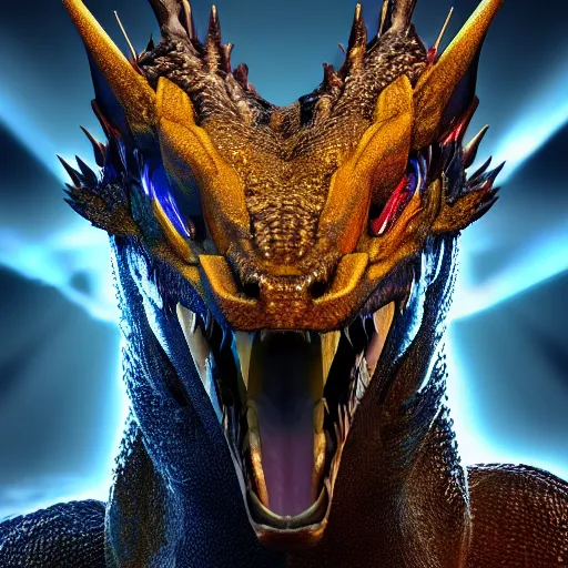 Image similar to portrait of the most fierce dragon ever , photorealistic, intense lighting, unreal engine