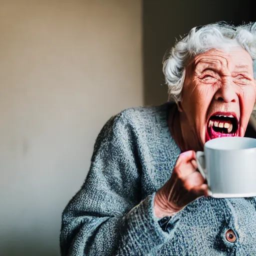 Image similar to elderly woman screaming at a cup of tea, canon eos r 3, f / 1. 4, iso 2 0 0, 1 / 1 6 0 s, 8 k, raw, unedited, symmetrical balance, wide angle