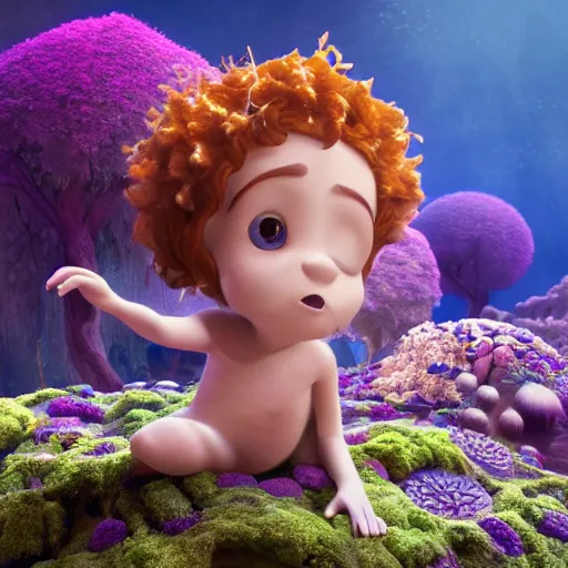 Image similar to child satyr, moss, floating, rbc, radiolaria, protophyta, micro - organisms, center frame, symmetric, rim light, marine microbiology, underwater, bioluminescence, electric, soft, concept art, intricate details, highly detailed, colorful, photorealistic, disney pixar, octane render, iridescent, anime, 8 k