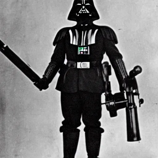 Image similar to old wartime photograph of darth vader holding a lewis gun, 1 9 1 7