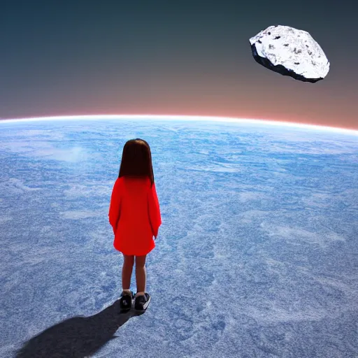 Image similar to a girl on a hill watching a meteorite fall from space, very realistic digital art 3d render