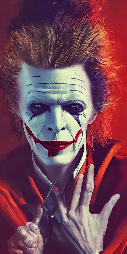 Image similar to David Bowie as the joker, Darek Zabrocki, Karlkka, Jayison Devadas, Phuoc Quan, trending on Artstation, 8K, ultra wide angle, pincushion lens effect.