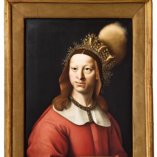 Image similar to renaissance style portrait of an alpine chamois wearing a crown and a cape, dark background