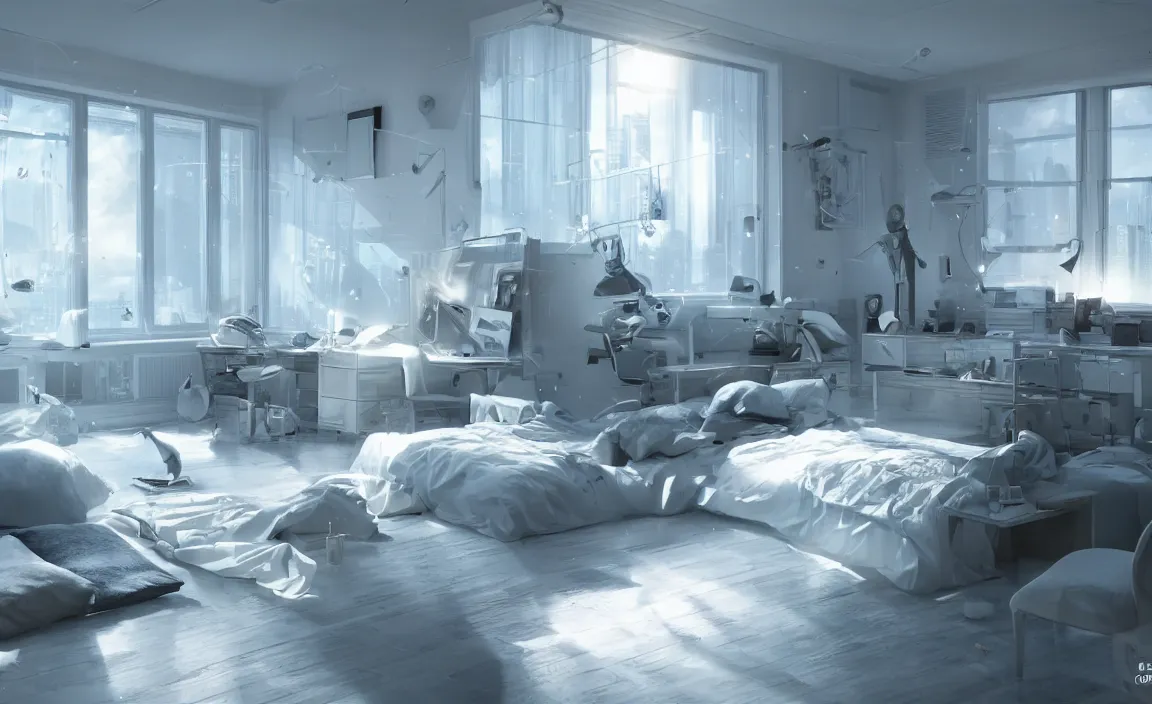 Image similar to bedroom, white bed, computer on the desk, warm lighting, floor to ceiling window, the night scene outside the window. future science fiction. game cg, hyperdetailed, trending on cgsociety