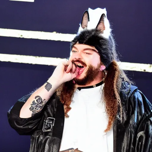 Image similar to post Malone dressing up as a cat girl, photograph on stage