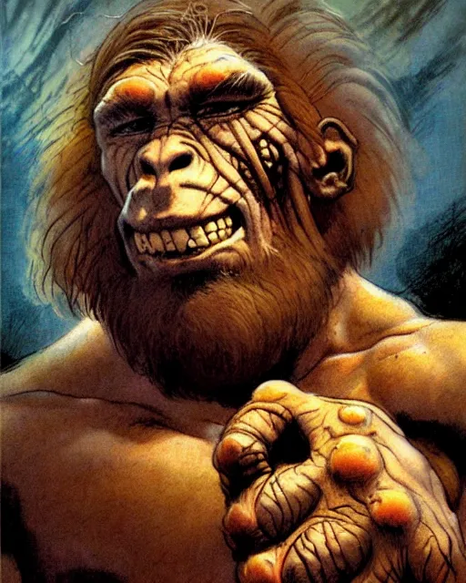 Image similar to neanderthal read science book about him, character portrait, portrait, close up, concept art, intricate details, highly detailed, in the style of frank frazetta, esteban maroto, richard corben, pepe moreno, matt howarth, stefano tamburini, tanino liberatore, luis royo and alex ebel