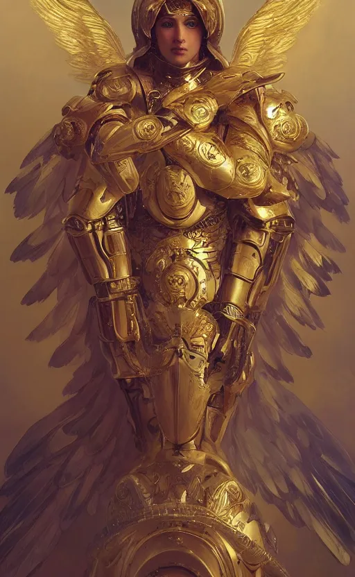 Image similar to Portrait of an archangel with golden wings, heavy armor and helmet, confident, heaven background, intricate, headshot, highly detailed, digital painting, artstation, concept art, sharp focus, cinematic lighting, illustration, art by artgerm and greg rutkowski, alphonse mucha, cgsociety