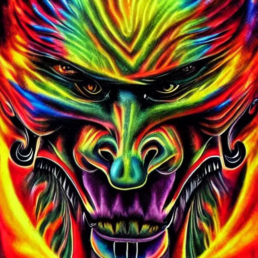 Image similar to psychedelic airbrush art of an orc driving a motorcycle