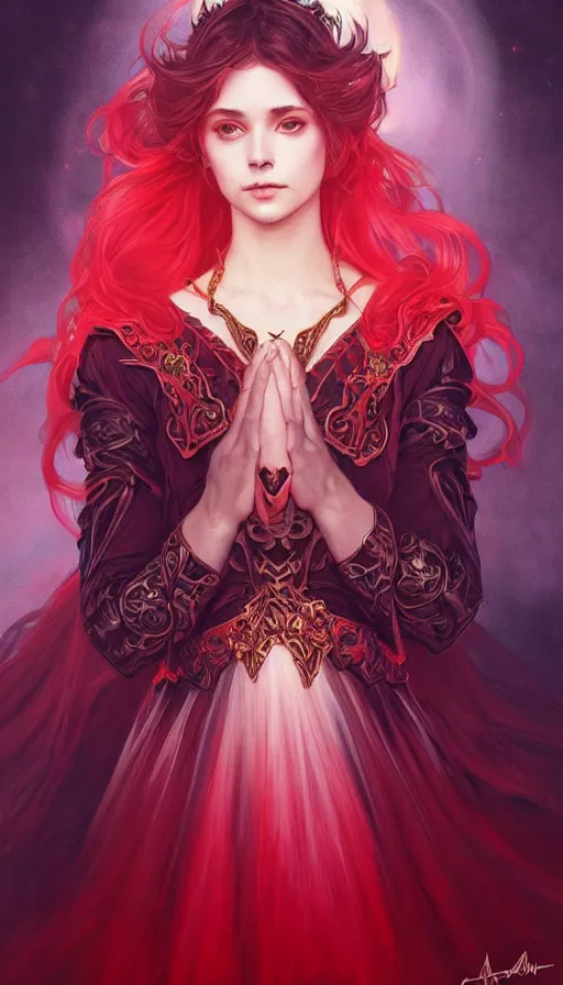 Image similar to portrait of magical paladin , dark fantasy, gradient red black, dreamy and ethereal, (colour) eyes, peaceful expression, ornate frilly dress, fantasy, intricate, elegant, rainbow bubbles, highly detailed, digital painting, artstation, concept art, smooth,b sharp focus, illustration, art by artgerm and greg rutkowski and alphonse mucha