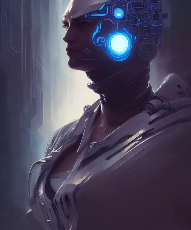 Image similar to futuristic hacker man portrait, sci-fi face, fantasy, intricate, elegant, highly detailed, digital painting, artstation, concept art, smooth, sharp focus, illustration, art by artgerm and greg rutkowski and alphonse mucha