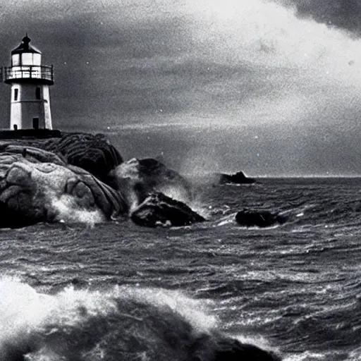 Image similar to movie still of Godzilla attacking the Peggy's cove lighthouse