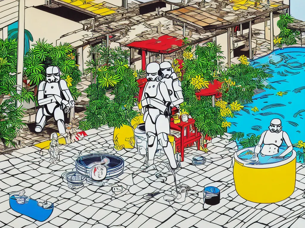 Image similar to hyperrealism composition of the japanese house with a hot springs in the garden, two detailed stormtroopers bathe in a hot spring, pop - art style, jacky tsai style, andy warhol style, roy lichtenstein style, round canvas, acrylic on canvas