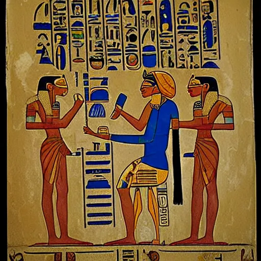 Image similar to a man using a computer, artwork by ancient egyptian mural, tomb, fresco, register, hieroglyphics.