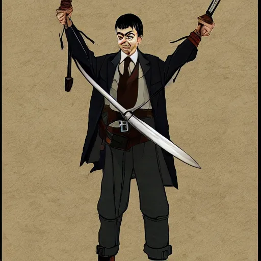 Prompt: mr. bean holding two swords, standing on a battlefield, in the style of attack on titan