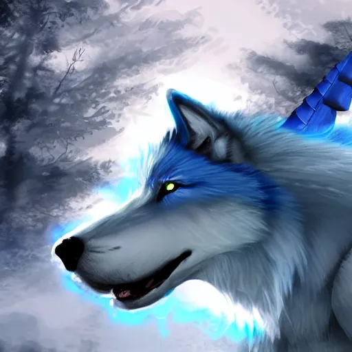 Image similar to a giant blue wolf with a white main and two unicorn horns, a white star shape on its forehead, yellow eyes, beautiful, ultra realistic, great wolf, unreal engine 5, dynamic lighting, highly detailed, lightning around