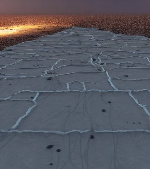 Image similar to hyperealistic render of a simple white bioremediation architecute in the mining tailings in chuquicamata city, atacama desert filled with stars at night, hazy and misty, uhd, high detail, corona render, unreal engine, ue 5, vray