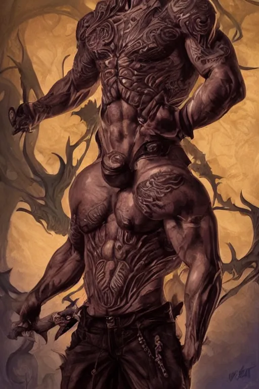 Image similar to Portrait of frontal standing pose torso of a very attractive muscular man heavily all his skin is covered by BIKER tattoos, surrounded by magic lightings overlays, Intricate, concept art, magic lighting overlays, magical portal opened, D&D!, fantasy style, sharp focus!, ultra detailed, art by Artgerm and Peter Andrew Jones, WLUP, Magali Villeneuve