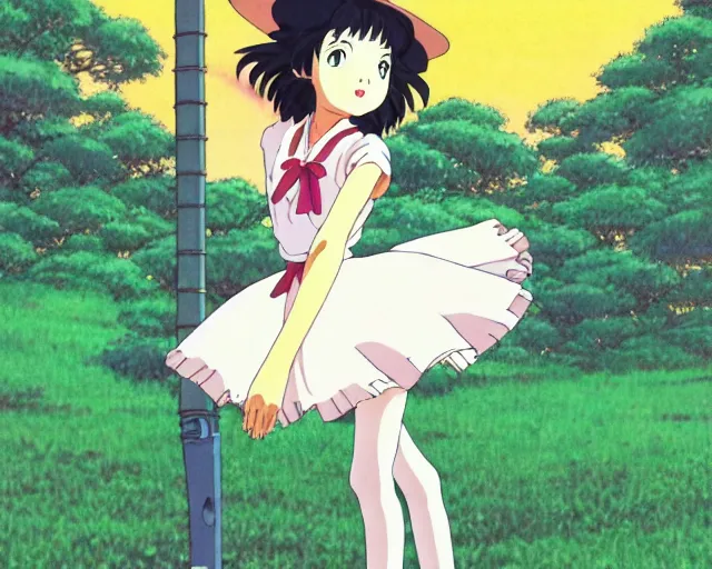 Prompt: anime fine details portrait of cute girl dance near miles davis, bokeh. anime masterpiece by Studio Ghibli. 8k, sharp high quality classic anime from 1990 in style of Hayao Miyazaki
