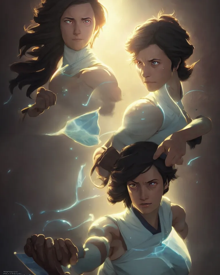 Prompt: Korra glowing eyes,digital art,ultra realistic,ultra detailed,art by greg rutkowski sacha goldberger, hyperdetailed,detailed face,professional lighting,dramatic,3 point lighting centered composition symmetrical features gazing eyes