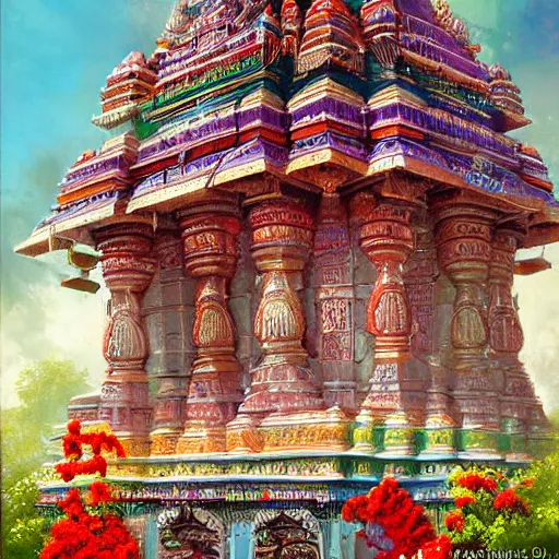 Image similar to hindu temple in south india by raymond swanland, highly detailed, bright tones