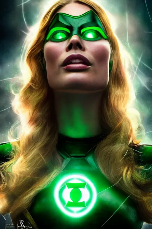 Image similar to majestic and regal portrait of margot robbie female green lantern, dc universe, perfect face, beautiful, intricate, epic, elegant, fantasy, highly detailed, digital painting, hard focus, beautiful volumetric lighting, epic light, ultra detailed, by leesha hannigan, ross tran, thierry doizon, kai carpenter, ignacio fernandez rios