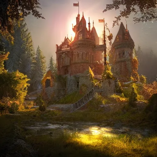 Prompt: beautiful magical castle above the forest, high fantasy, sunlight, lens flare, light fixtures, 8K, detailed, photorealism, artstation