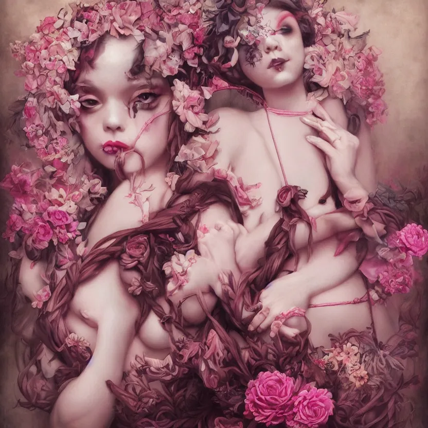 Image similar to pop surrealism, lowbrow art, realistic seductive cute woman painting, pink body harness, long hair, japanese shibari with flowers, hyper realism, muted colours, rococo, natalie shau, loreta lux, tom bagshaw, mark ryden, trevor brown style,