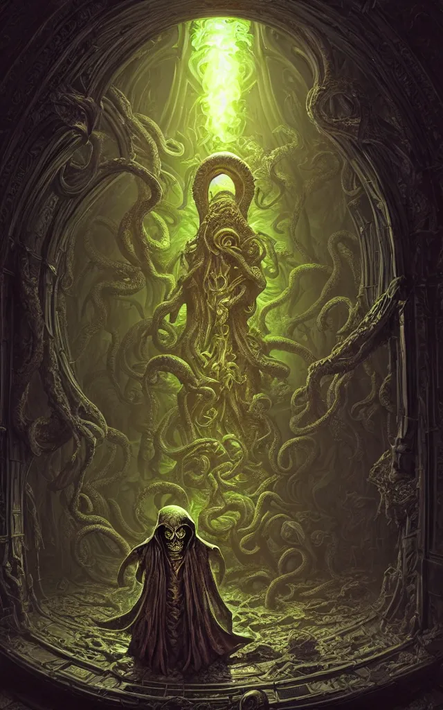Prompt: hooded necromancer in front of a cthulhu within a viscosity fluid lovecraft portal, wide - angle portrait photography, intricate architecture, baroque detailed, unreal engine, octane render, micro detail, digital art by dan mumford and peter mohrbacher and wayne barlowe, intricate detail, subsurface scattering, ray tracing, vivid colors, octane render