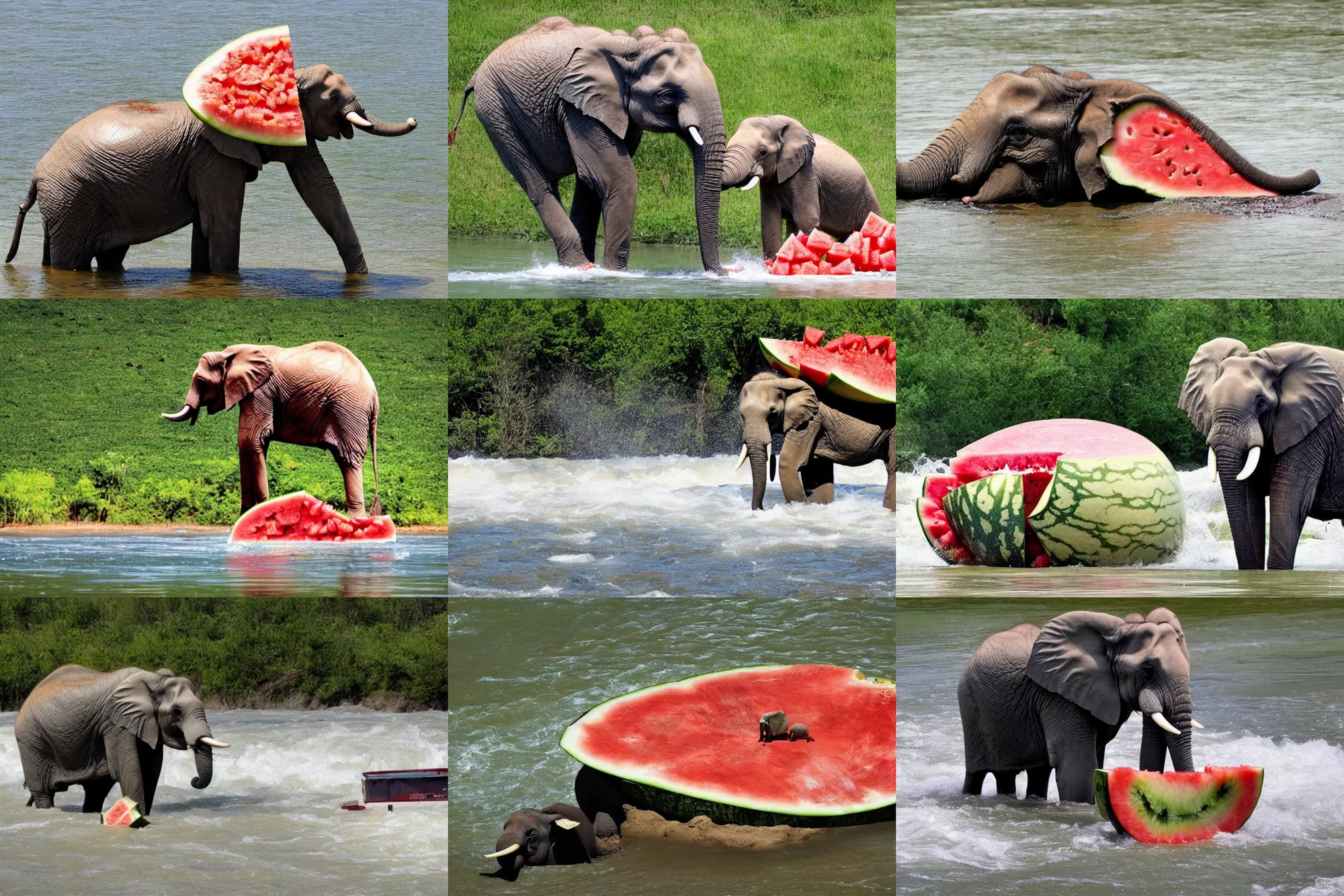 Image similar to an elephant sits in a crust from under a watermelon and floats on it along a river with white water