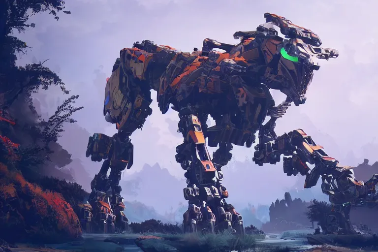 Image similar to scrapper machine mecha animal beast robot of horizon forbidden west horizon zero dawn bioluminiscence global illumination ray tracing hdr fanart arstation by sung choi and eric pfeiffer and gabriel garza and casper konefal