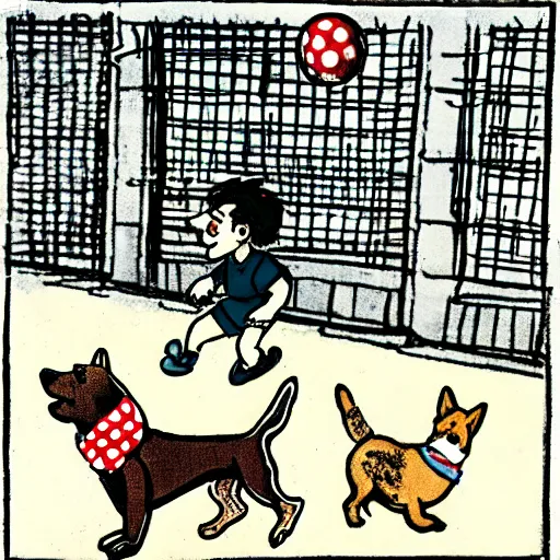 Image similar to illustration of french boy on the streets of paris playing football against a corgi, the dog is wearing a polka dot scarf, comic, 1 9 7 2